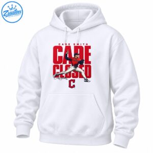 Cade Smith pitching in red Cleveland jersey over bold red CADE CLOSED lettering with Cleveland C baseball emblem