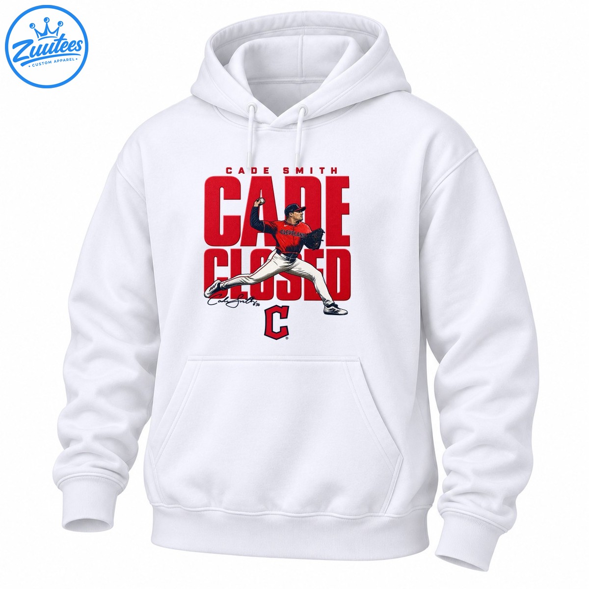 Cade Smith pitching in red Cleveland jersey over bold red CADE CLOSED lettering with Cleveland C baseball emblem Cade Smith pitching in red Cleveland jersey over bold red CADE CLOSED lettering with Cleveland C baseball emblem