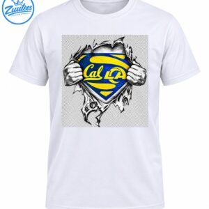 Blue and gold Cal LA shield with stylized lettering and grayscale hands ripping through torn fabric.