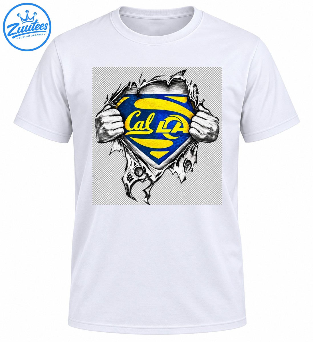 Blue and gold Cal LA shield with stylized lettering and grayscale hands ripping through torn fabric. Blue and gold Cal LA shield with stylized lettering and grayscale hands ripping through torn fabric.