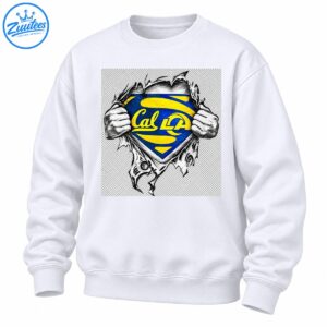 Blue and gold Cal LA shield with stylized lettering and grayscale hands ripping through torn fabric.