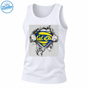 Blue and gold Cal LA shield with stylized lettering and grayscale hands ripping through torn fabric.