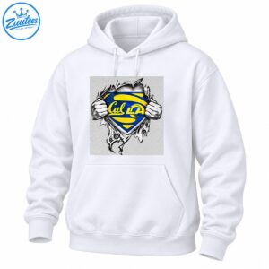 Blue and gold Cal LA shield with stylized lettering and grayscale hands ripping through torn fabric.