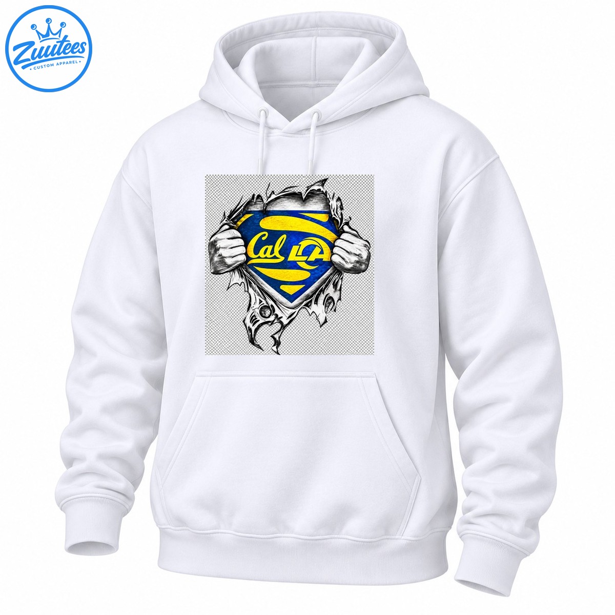Blue and gold Cal LA shield with stylized lettering and grayscale hands ripping through torn fabric. Blue and gold Cal LA shield with stylized lettering and grayscale hands ripping through torn fabric.