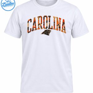 CAROLINA arched collegiate lettering in orange brown camo with distressed texture and roaring black panther graphic