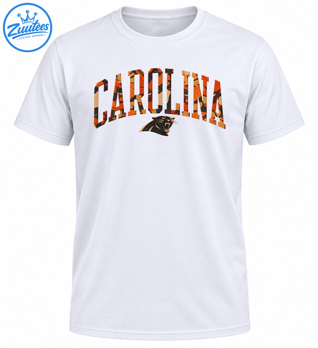 CAROLINA arched collegiate lettering in orange brown camo with distressed texture and roaring black panther graphic CAROLINA arched collegiate lettering in orange brown camo with distressed texture and roaring black panther graphic