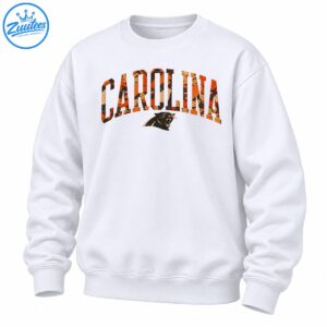 CAROLINA arched collegiate lettering in orange brown camo with distressed texture and roaring black panther graphic