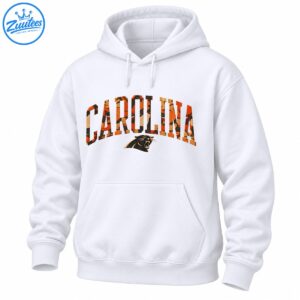 CAROLINA arched collegiate lettering in orange brown camo with distressed texture and roaring black panther graphic