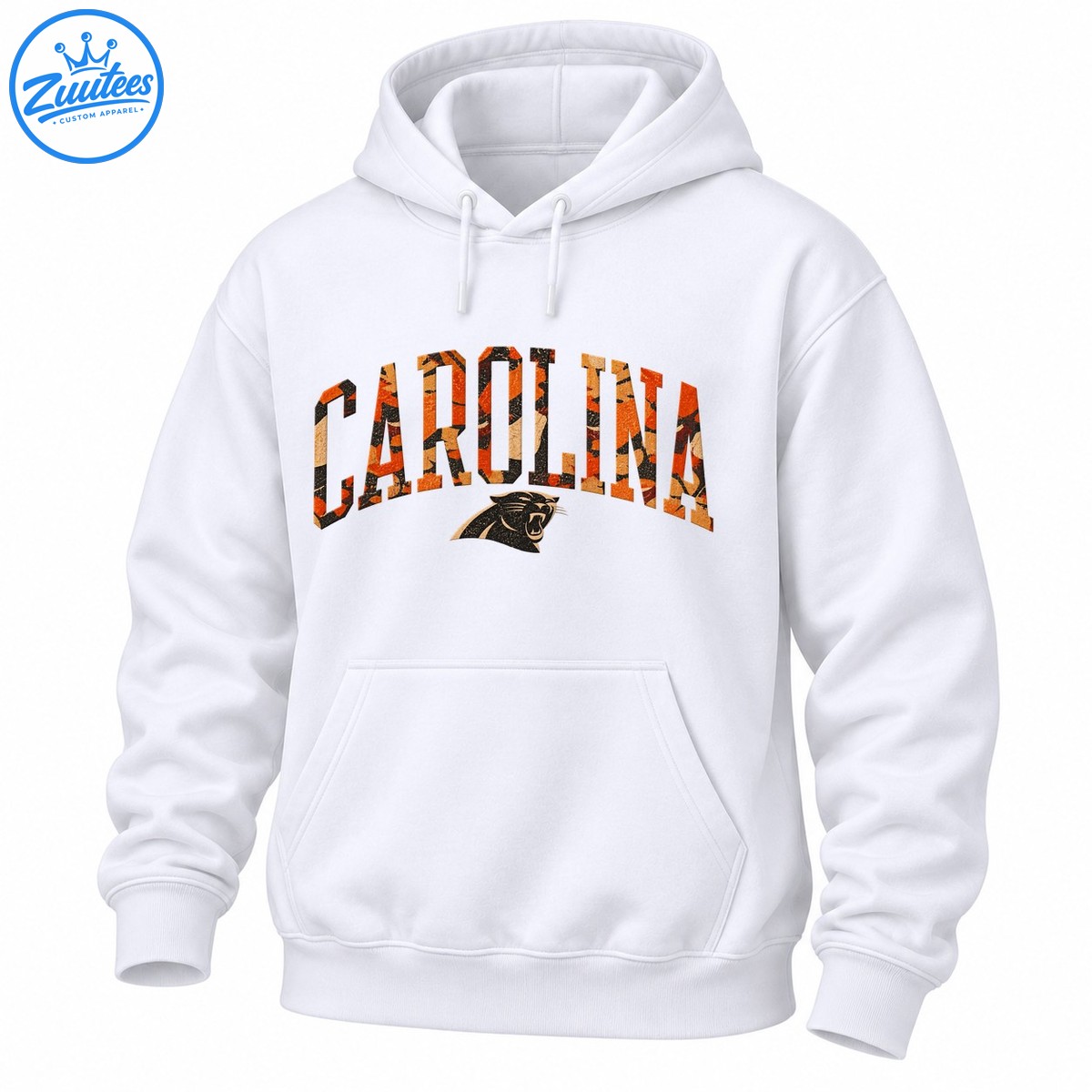 CAROLINA arched collegiate lettering in orange brown camo with distressed texture and roaring black panther graphic CAROLINA arched collegiate lettering in orange brown camo with distressed texture and roaring black panther graphic