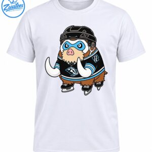 Cartoon mammoth wearing a black hockey helmet, blue eye mask, black and blue jersey, and hockey skates