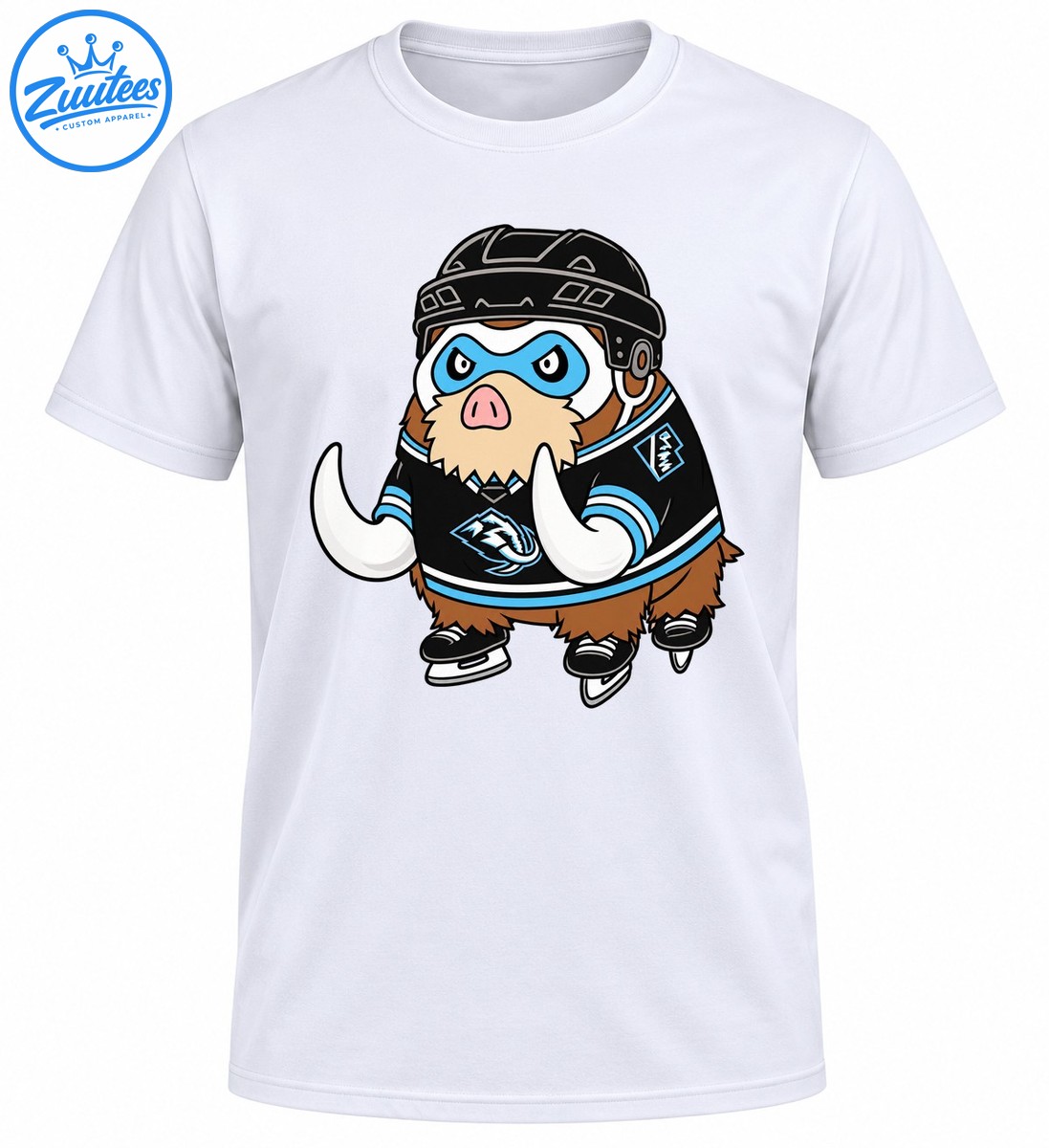 Cartoon mammoth wearing a black hockey helmet, blue eye mask, black and blue jersey, and hockey skates Cartoon mammoth wearing a black hockey helmet, blue eye mask, black and blue jersey, and hockey skates