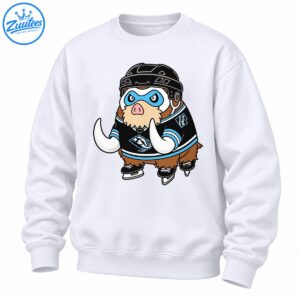 Cartoon mammoth wearing a black hockey helmet, blue eye mask, black and blue jersey, and hockey skates