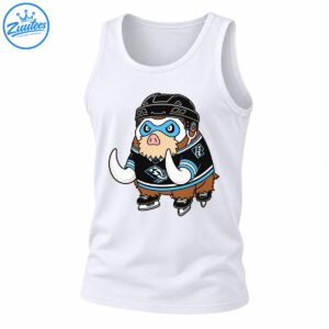 Cartoon mammoth wearing a black hockey helmet, blue eye mask, black and blue jersey, and hockey skates