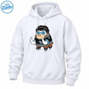Cartoon mammoth wearing a black hockey helmet, blue eye mask, black and blue jersey, and hockey skates