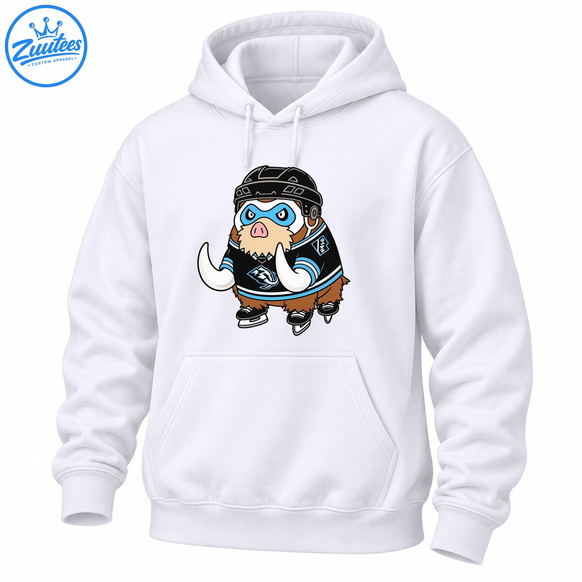Cartoon mammoth wearing a black hockey helmet, blue eye mask, black and blue jersey, and hockey skates Cartoon mammoth wearing a black hockey helmet, blue eye mask, black and blue jersey, and hockey skates
