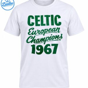 Green Celtic European Champions 1967 lettering with bold block text and vintage cursive typography
