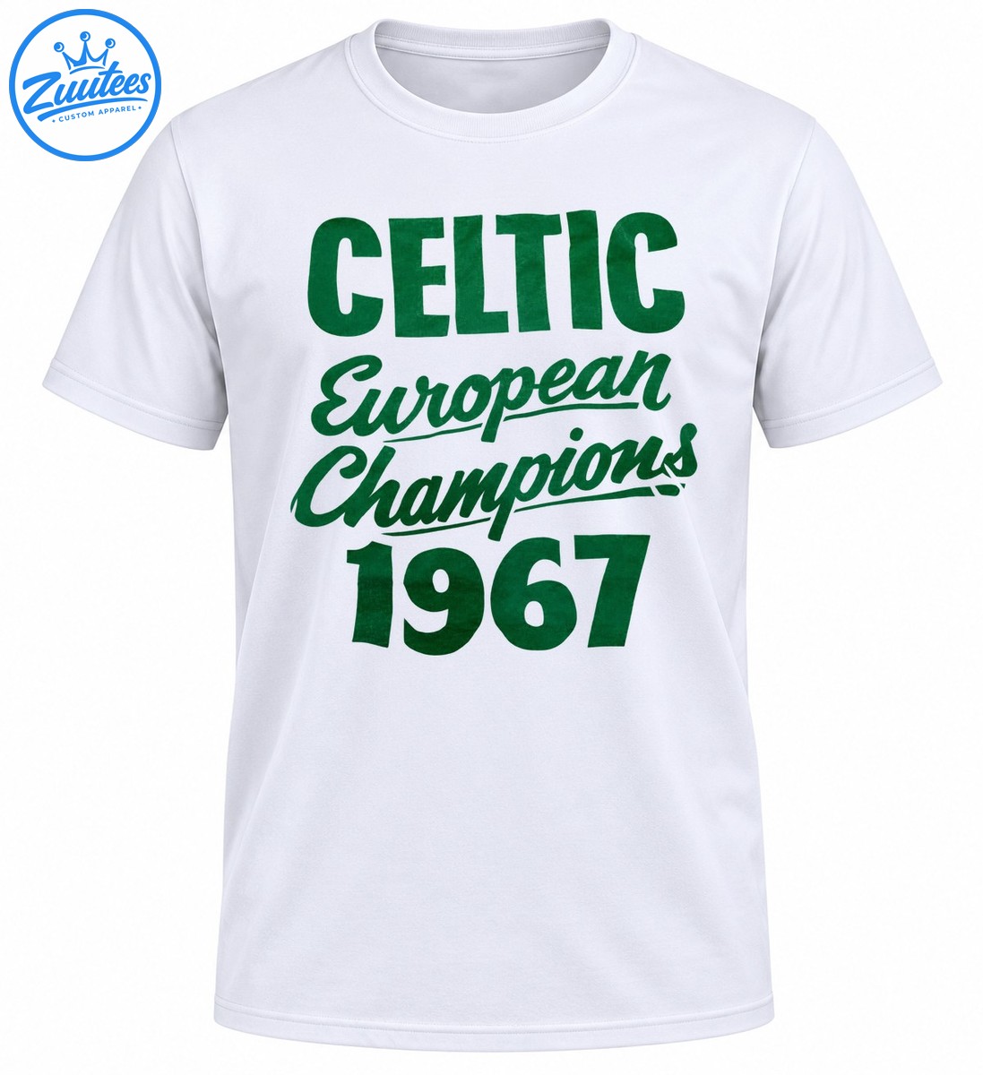 Green Celtic European Champions 1967 lettering with bold block text and vintage cursive typography Green Celtic European Champions 1967 lettering with bold block text and vintage cursive typography