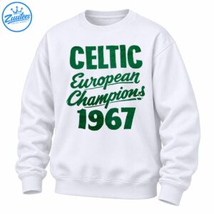 Green Celtic European Champions 1967 lettering with bold block text and vintage cursive typography