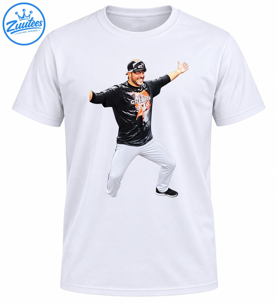 Smiling baseball player celebrating with arms outstretched in black Champions shirt and white pants Smiling baseball player celebrating with arms outstretched in black Champions shirt and white pants