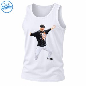 Smiling baseball player celebrating with arms outstretched in black Champions shirt and white pants