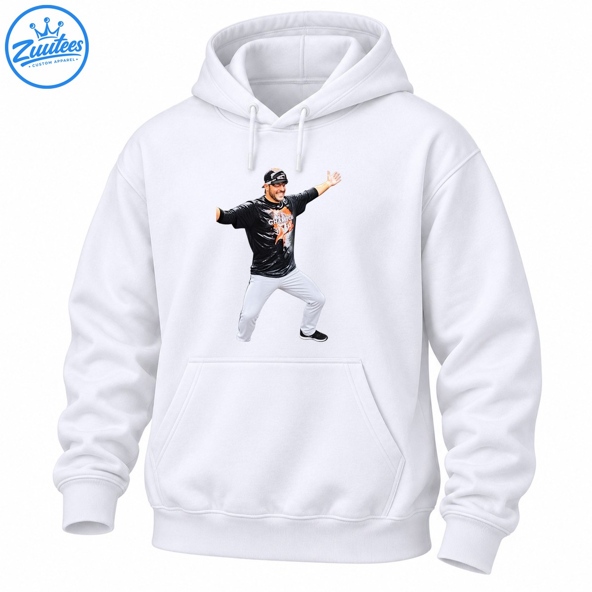 Smiling baseball player celebrating with arms outstretched in black Champions shirt and white pants Smiling baseball player celebrating with arms outstretched in black Champions shirt and white pants