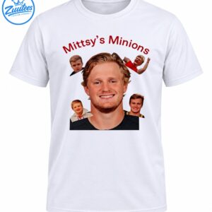 Mittsy's Minions shirt design with curved red lettering, a large smiling blond portrait, and four smaller portraits