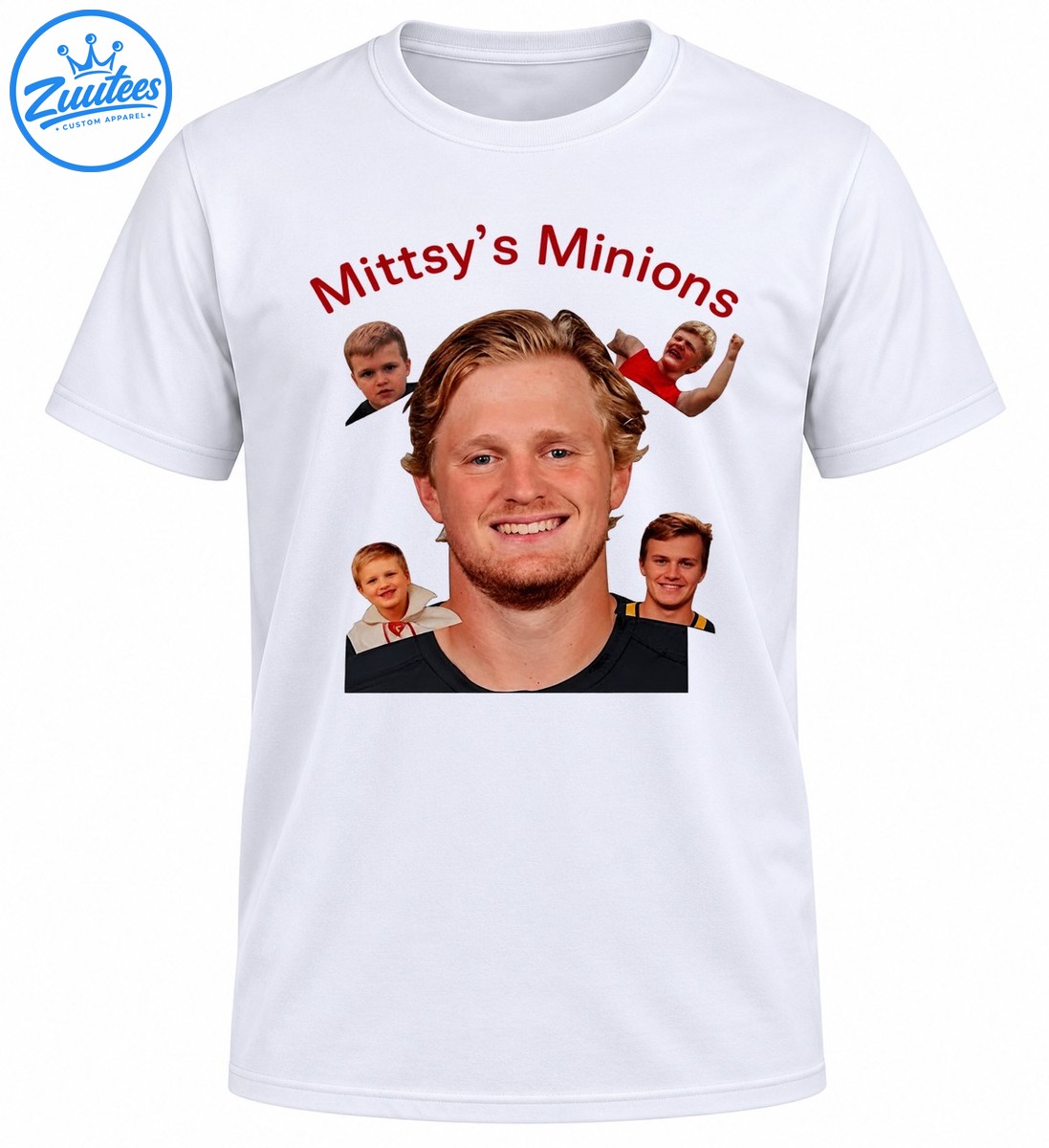 Mittsy's Minions shirt design with curved red lettering, a large smiling blond portrait, and four smaller portraits Mittsy's Minions shirt design with curved red lettering, a large smiling blond portrait, and four smaller portraits