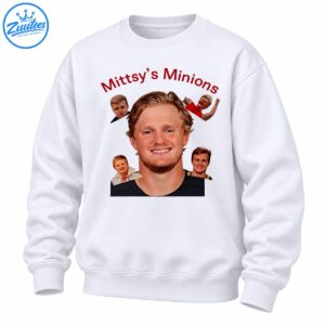 Mittsy's Minions shirt design with curved red lettering, a large smiling blond portrait, and four smaller portraits