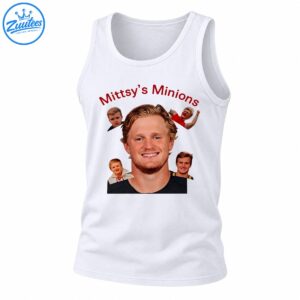 Mittsy's Minions shirt design with curved red lettering, a large smiling blond portrait, and four smaller portraits