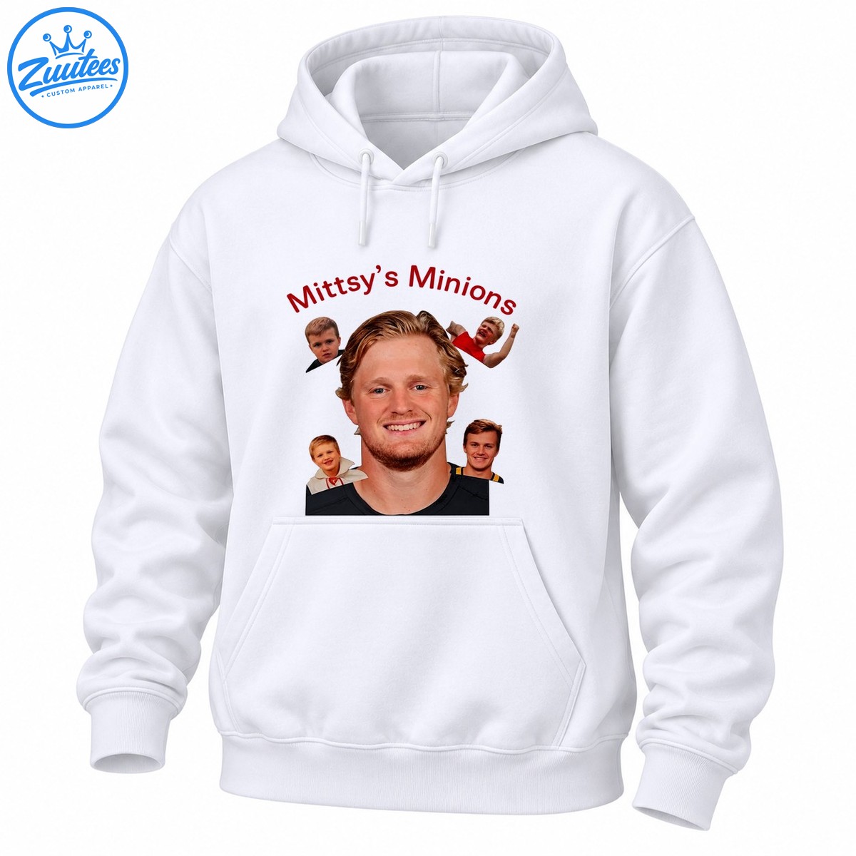 Mittsy's Minions shirt design with curved red lettering, a large smiling blond portrait, and four smaller portraits Mittsy's Minions shirt design with curved red lettering, a large smiling blond portrait, and four smaller portraits