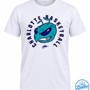 Teal cartoon insect mascot with a white grin, purple eyes, dark navy outlines, and curved bold athletic lettering.