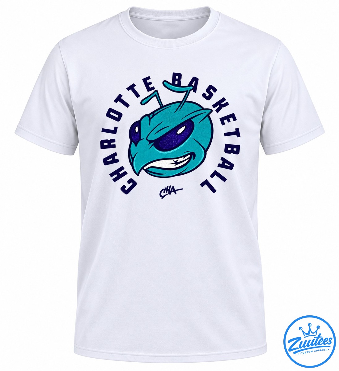 Charlotte Hornets Baseball Stinger Mascot Shirt Teal cartoon insect mascot with a white grin, purple eyes, dark navy outlines, and curved bold athletic lettering.
