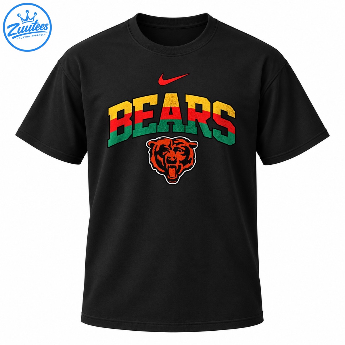 Chicago Bears graphic with distressed gold, red, and green BEARS lettering, a red swoosh, and an orange bear head Chicago Bears graphic with distressed gold, red, and green BEARS lettering, a red swoosh, and an orange bear head