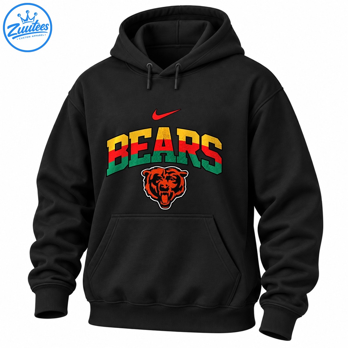 Chicago Bears graphic with distressed gold, red, and green BEARS lettering, a red swoosh, and an orange bear head Chicago Bears graphic with distressed gold, red, and green BEARS lettering, a red swoosh, and an orange bear head