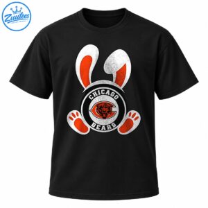 Vintage Chicago Bears Easter bunny graphic with white ears, orange paw pads, circular football emblem, and bear illustration