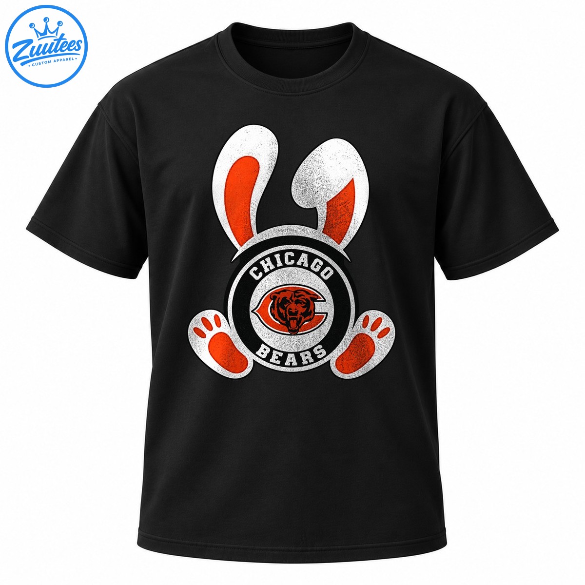 Vintage Chicago Bears Easter bunny graphic with white ears, orange paw pads, circular football emblem, and bear illustration Vintage Chicago Bears Easter bunny graphic with white ears, orange paw pads, circular football emblem, and bear illustration