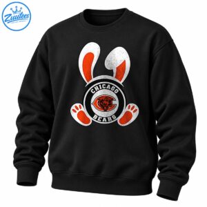 Vintage Chicago Bears Easter bunny graphic with white ears, orange paw pads, circular football emblem, and bear illustration