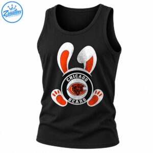 Vintage Chicago Bears Easter bunny graphic with white ears, orange paw pads, circular football emblem, and bear illustration