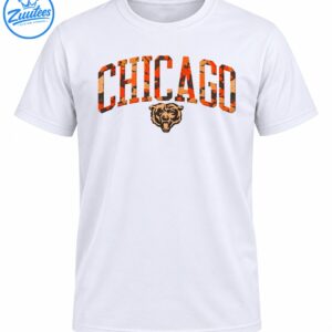 Chicago graphic shirt design with distressed orange black camo varsity lettering and roaring bear head illustration