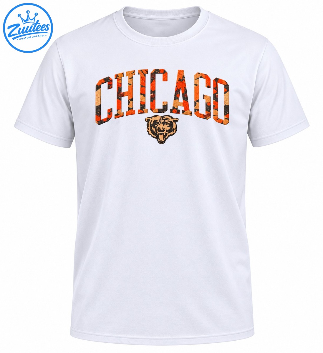 Chicago graphic shirt design with distressed orange black camo varsity lettering and roaring bear head illustration Chicago graphic shirt design with distressed orange black camo varsity lettering and roaring bear head illustration