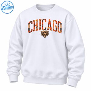 Chicago graphic shirt design with distressed orange black camo varsity lettering and roaring bear head illustration