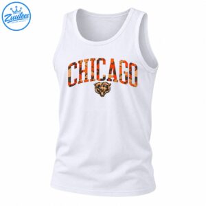 Chicago graphic shirt design with distressed orange black camo varsity lettering and roaring bear head illustration