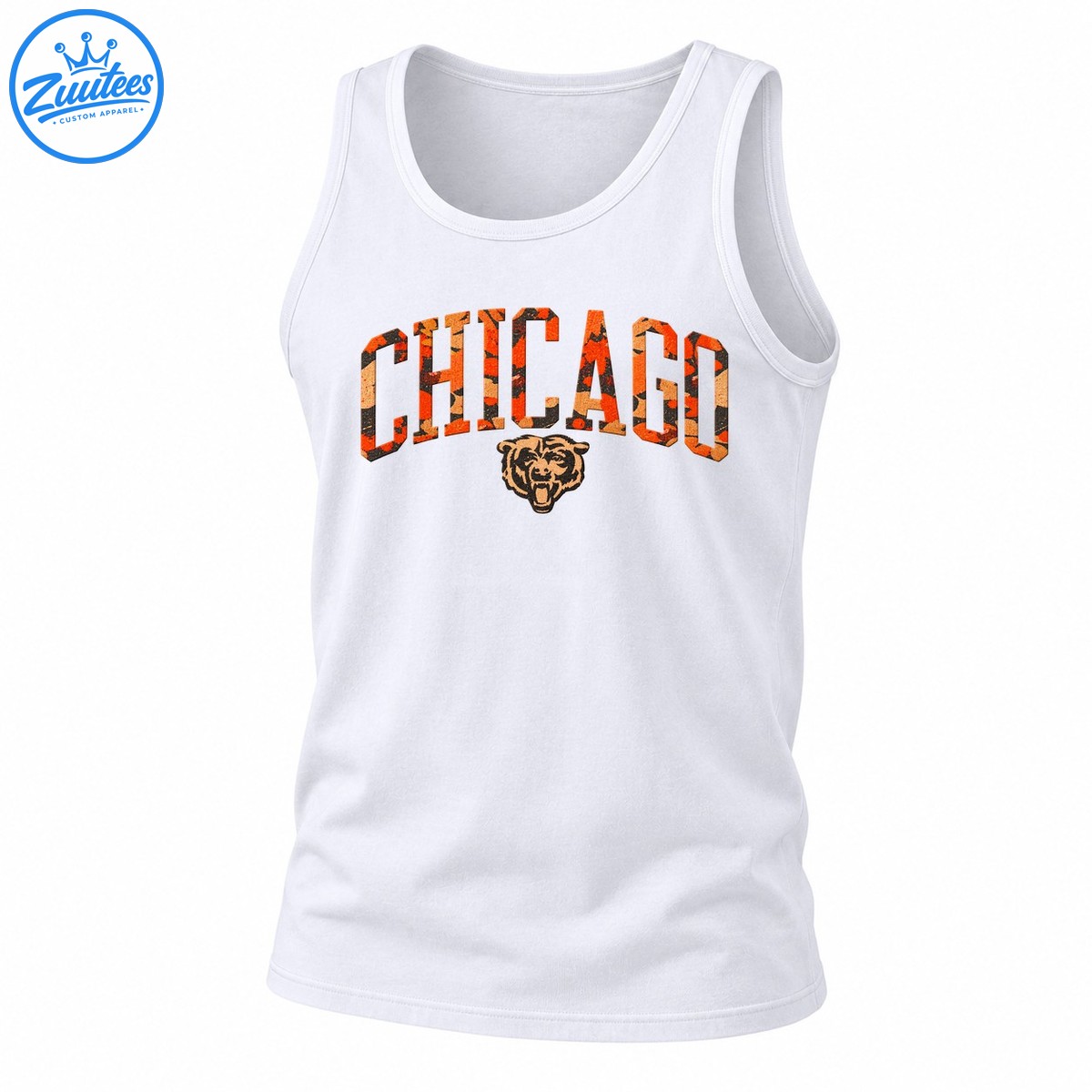 Chicago Distressed Camo Lettering Roaring Bear Graphic Tank Top