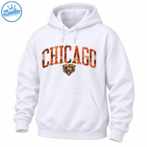 Chicago graphic shirt design with distressed orange black camo varsity lettering and roaring bear head illustration