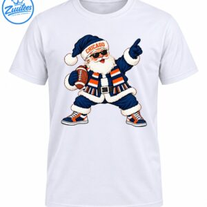 Chicago Santa Claus wearing navy orange football gear, sunglasses and CHICAGO hat, holding a football and pointing up