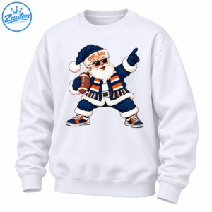 Chicago Santa Claus wearing navy orange football gear, sunglasses and CHICAGO hat, holding a football and pointing up