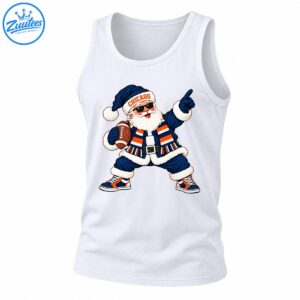 Chicago Santa Claus wearing navy orange football gear, sunglasses and CHICAGO hat, holding a football and pointing up