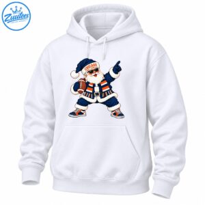 Chicago Santa Claus wearing navy orange football gear, sunglasses and CHICAGO hat, holding a football and pointing up