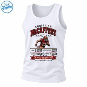 Christian McCaffrey No. 23 football graphic with red and gold uniform, career stats, and Dual-Threat Beast banner