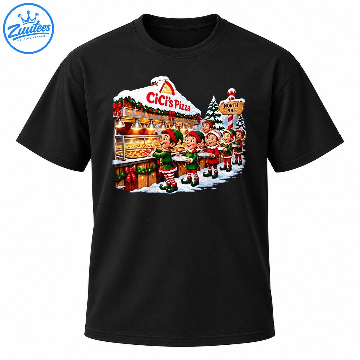 Christmas pizza shirt design with a snowy CiCi’s Pizza stand, festive elves, holiday lights, and a North Pole sign Christmas pizza shirt design with a snowy CiCi’s Pizza stand, festive elves, holiday lights, and a North Pole sign